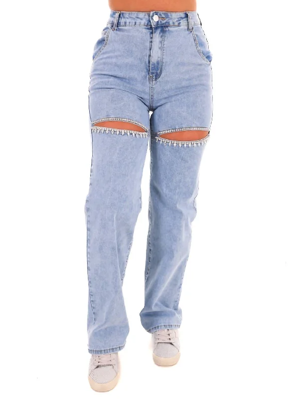 Women's Jodhpurs with Mid-LengthRhinestone Studded Cut Out Jean In Light Wash