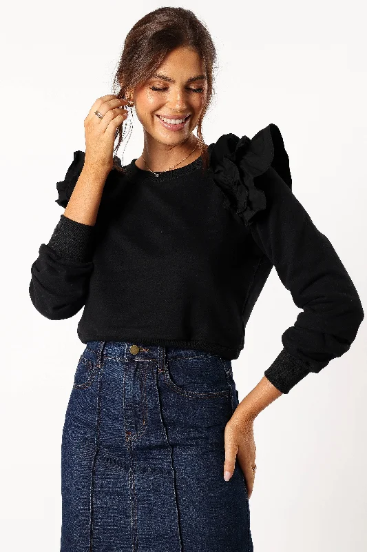 Women's Hooded Sweatshirts with Side PocketsCora Ruffle Sleeve Sweatshirt - Black