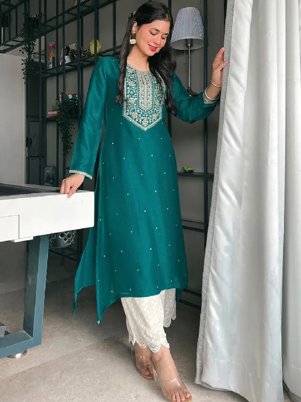 Women's Jumpsuits with Ankle LengthTeal Yoke Design Silk Kurta