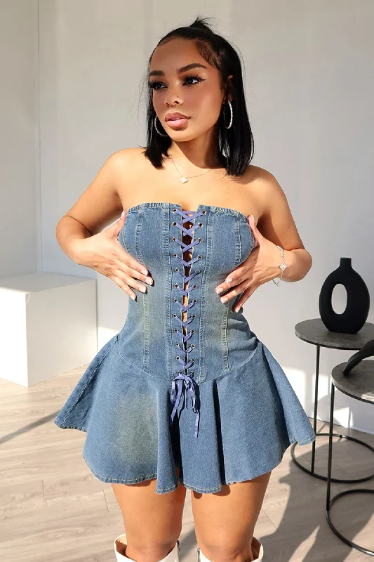 Women's Narrow-Neck DressesSweet Denim Corset Flare Mini Dress