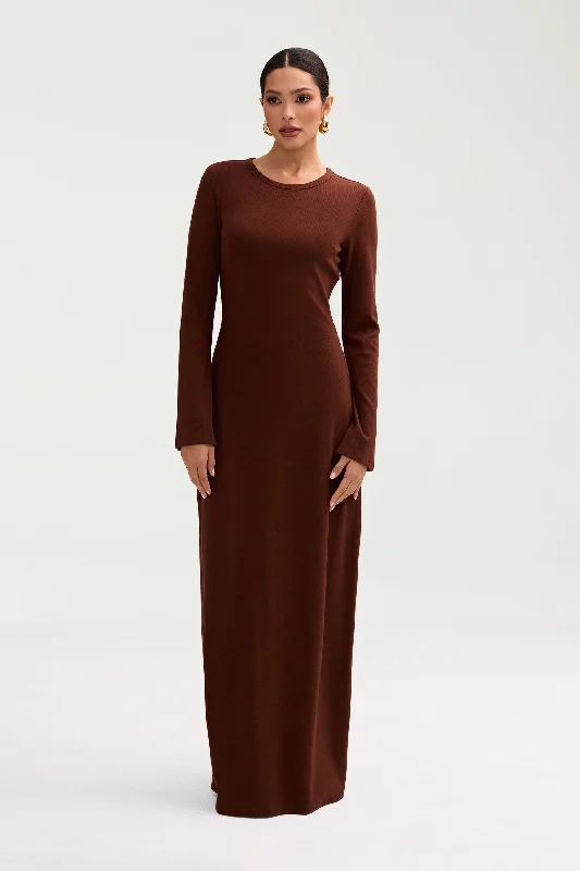 Women's U-Back DressesElla Ribbed Split Cuff Maxi Dress - Chocolate