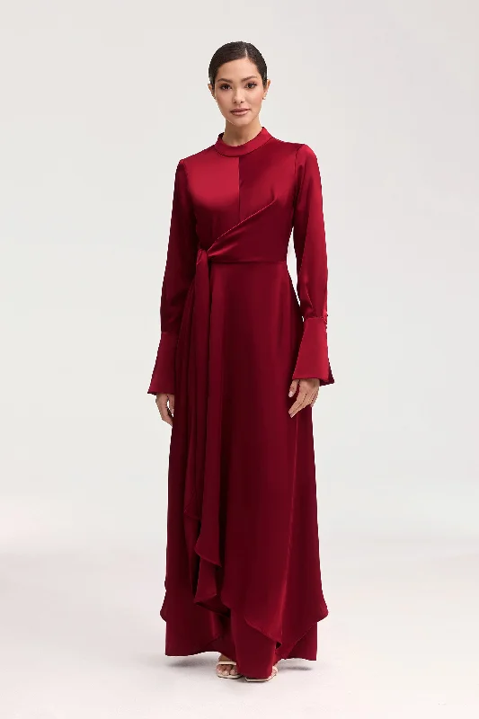 Women's High Collar DressesSerena Satin Side Tie Maxi Dress - Burgundy