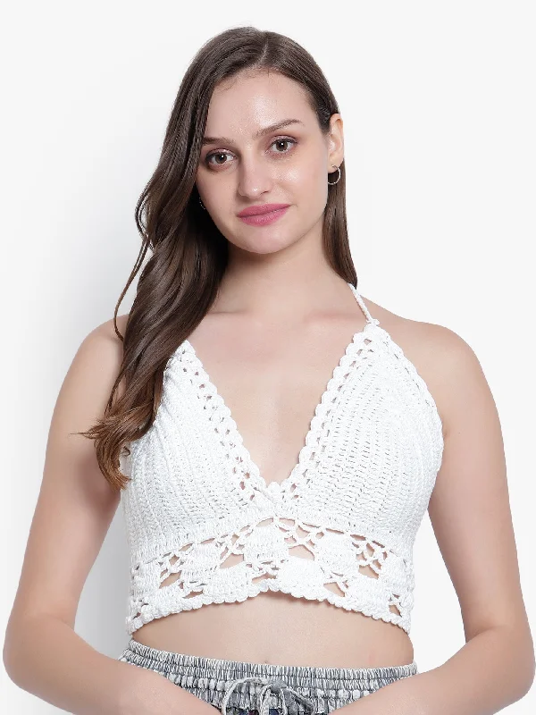 high-support sports bras for crossfitVelvi Figure White Crochet Bra