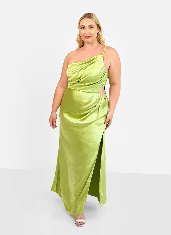 Women's Lapel Collar DressesEmma Satin One Shoulder Maxi Dress - Chartreuse