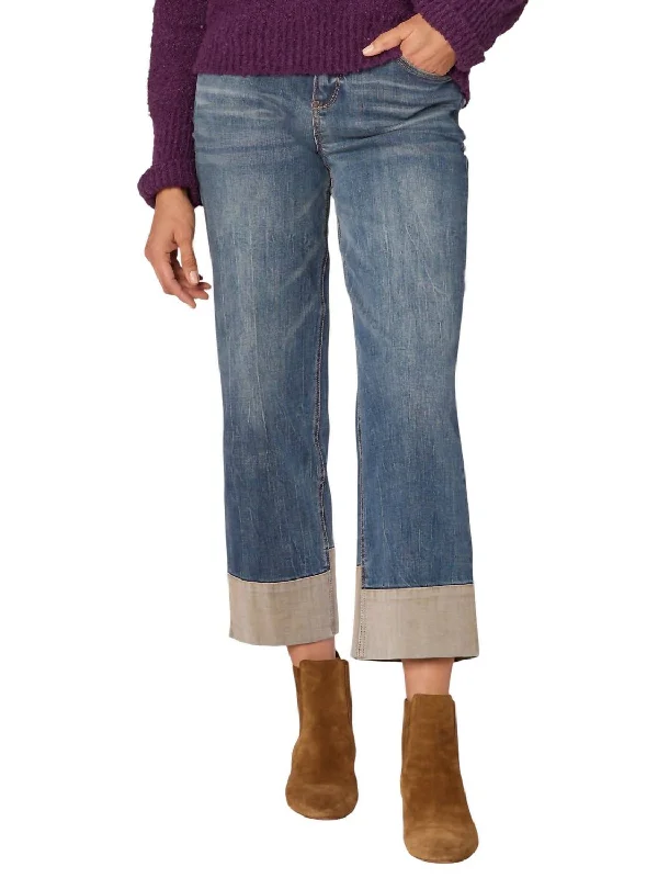 Women's Jodhpurs with Notched CollarHigh Rise Round Up Reverse Self Panel Boyfriend Jeans In Mid Blue Artisanal