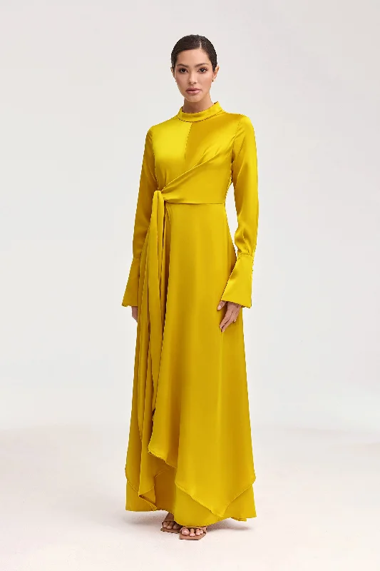 Women's Notched Collar DressesSerena Satin Side Tie Maxi Dress - Honey