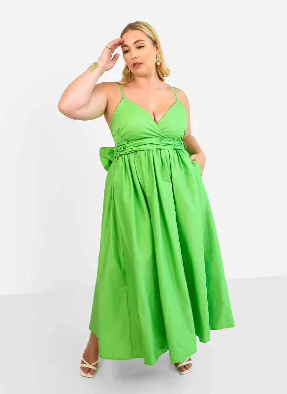 Women's Shawl Collar DressesKismet Poplin Belted Maxi Skater Dress - Lime