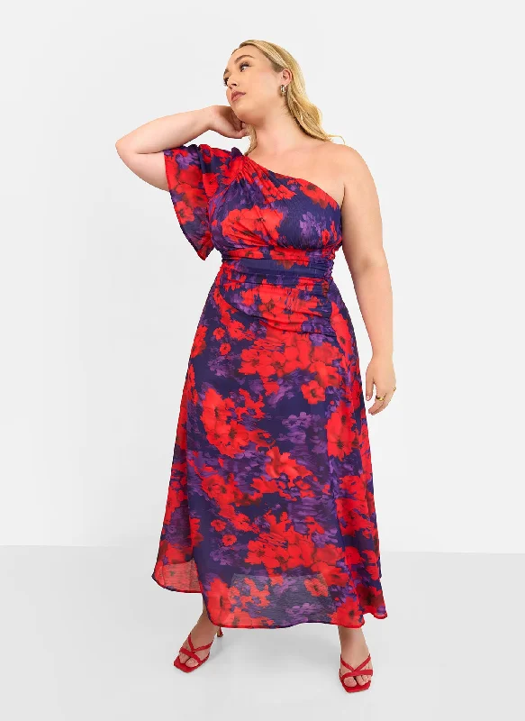 Women's Shirt Collar DressesAurora Floral One Shoulder Maxi A Line Dress