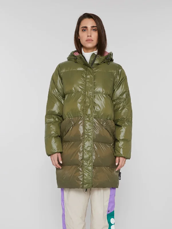 Women's Quilted CoatsPiumino Lucido Bi Colore con Cappuccio Salvia/Militare