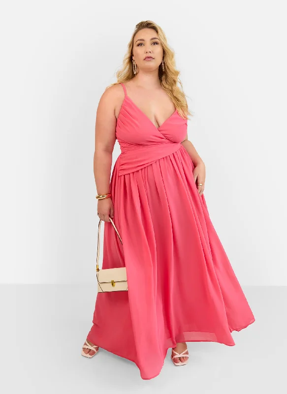 Women's Notched Collar DressesVittoria Chiffon Drape Maxi A Line Dress - Coral Pink