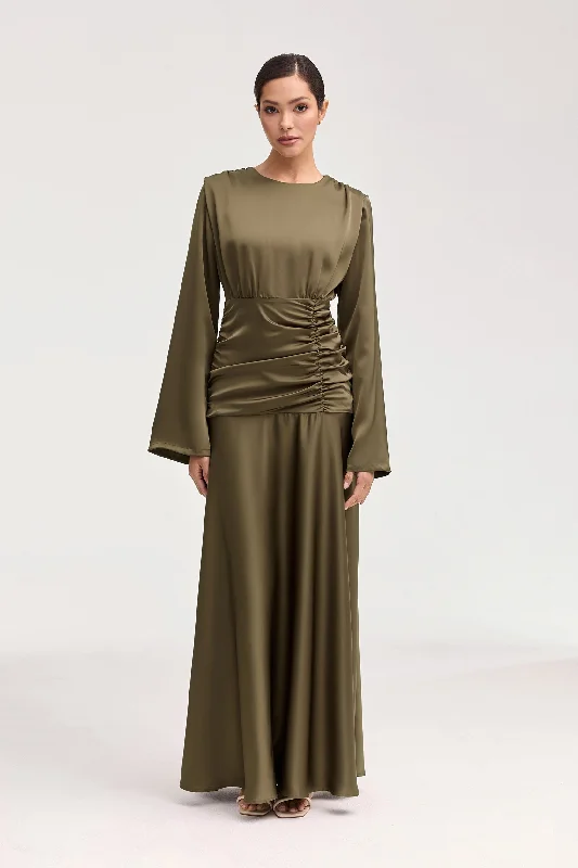 Women's U-Shaped Collar DressesShams Satin Side Rouched Maxi Dress - Olive