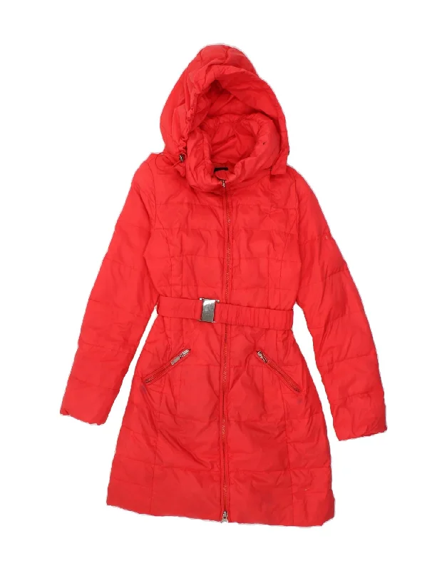 Women's Coats with Fur Trimmed HoodBENETTON Womens Hooded Padded Coat IT 40 Small Pink Nylon