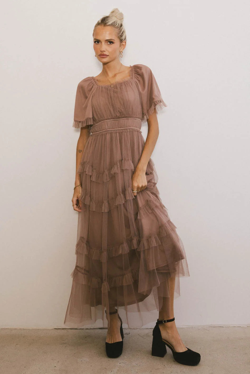 Women's V-Shaped Collar DressesEugena Ruffled Maxi Dress in Mocha