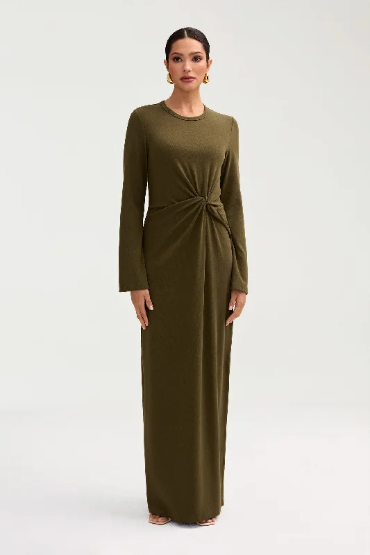 Women's Rounded-Neck DressesAissia Ribbed Twist Front Maxi Dress - Olive Night