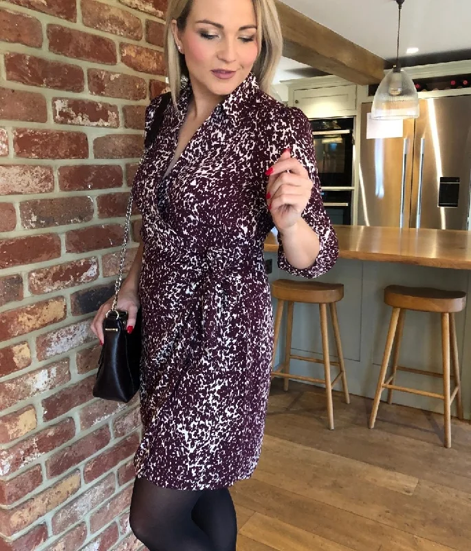 Women's High Collar DressesBurgundy Leopard Print Wrap Dress