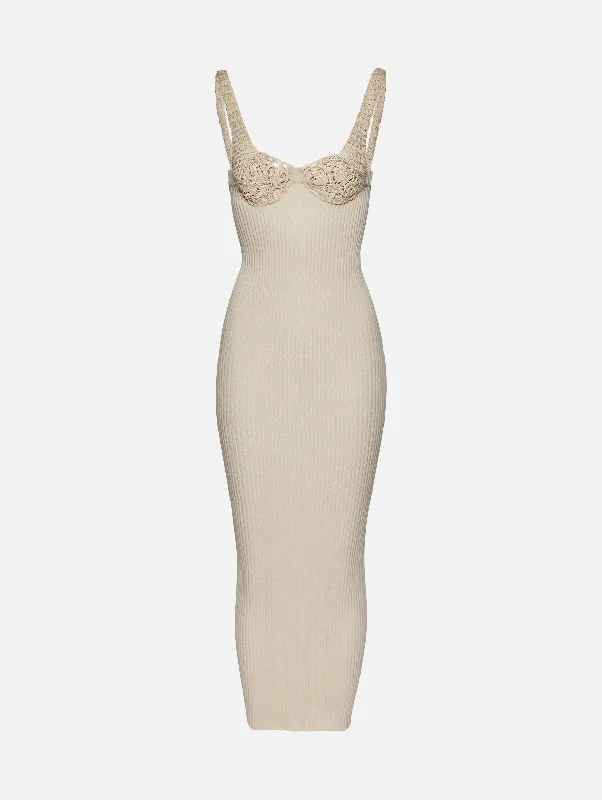 Women's Empire Waist DressesCrochet Bra Ribbed Knit Dress in Cream