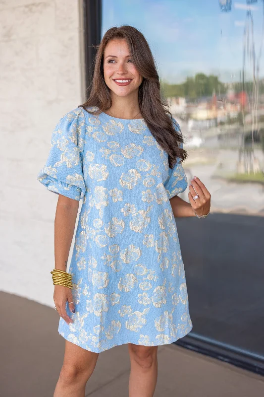 Women's Cut-Out DressesGolden Blooms Light Blue Dress