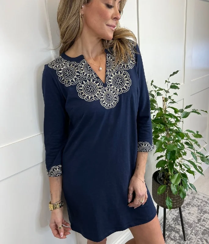 Women's V-Shaped-Neck DressesNavy Embroidered Tunic Dress