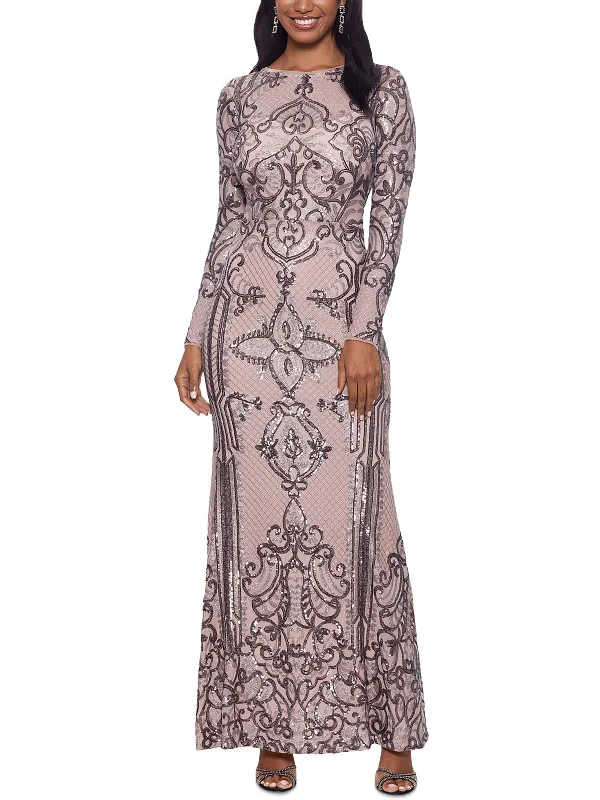 Women's Mini DressesPetites Womens Sequined Long Sleeve Evening Dress