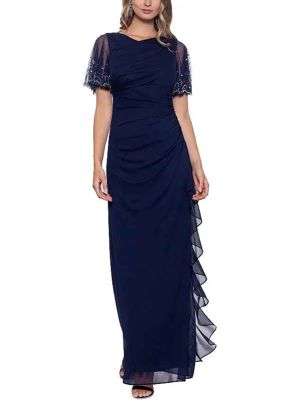 Women's Lapel Collar DressesWomens Embellished Cascade Evening Dress