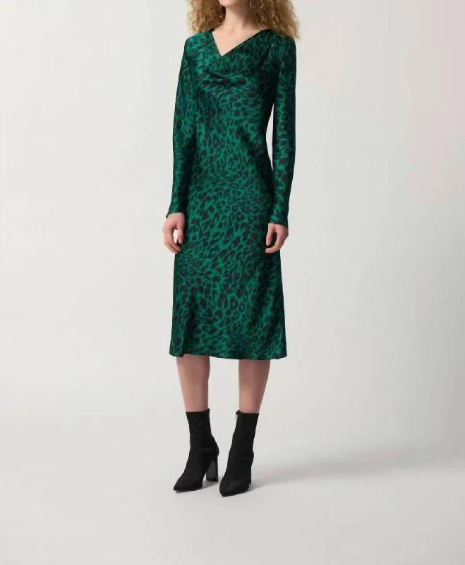 Women's Mandarin-Neck DressesAnimal Print Cowl Neck Midi Dress In Green/blk