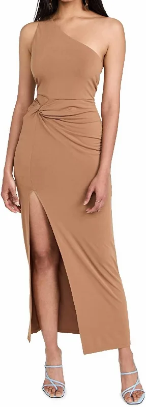 Women's Keyhole Collar DressesAshby Front Twist Hip Cutout Midi Dress In Camel Tan