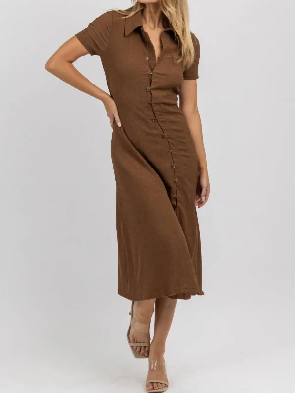 Women's Notched Collar DressesAsymmetrical Button Midi Dress In Brown