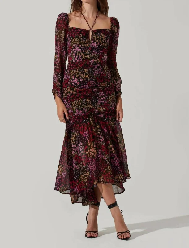 Women's Rounded Collar DressesAthena Floral Ruched Long Sleeve Midi Dress In Brown Purple Ditsy