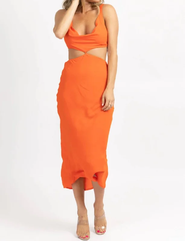 Women's Cold-Shoulder DressesBack Tie Sleeveless Midi Dress In Orange