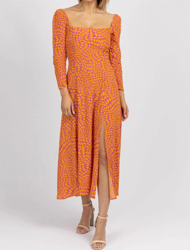 Women's Cut-Out DressesChecked Squareneck Midi Dress In Orange