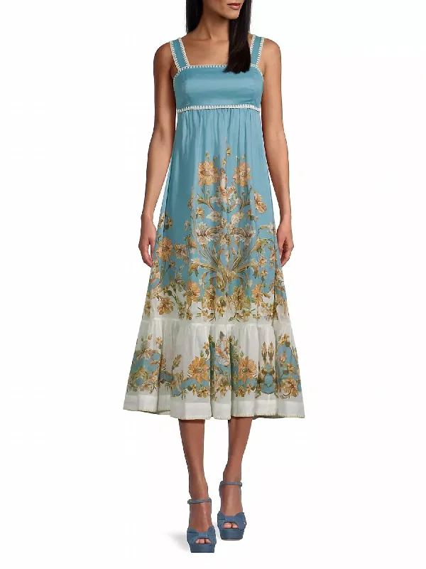 Women's Boat-Back DressesChintz Tiered Midi Dress In Blue Daisy Floral