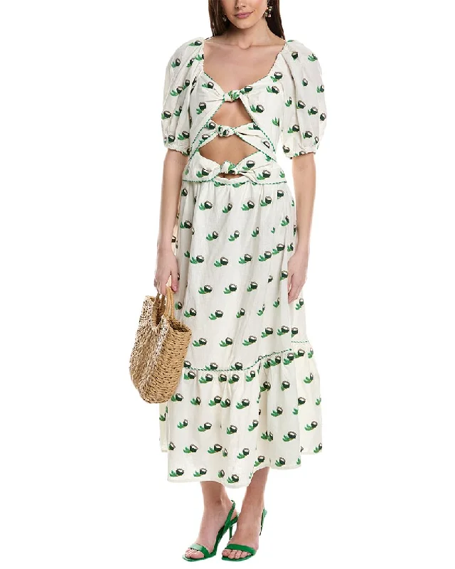 Women's Square Collar DressesFARM Rio Cross Stitch Coconut Embroidered Linen-Blend Midi Dress