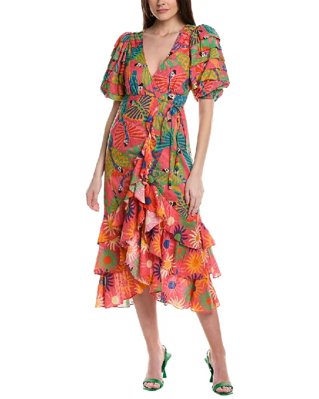 Women's High Collar DressesFARM Rio Graphic Macaws Mixed Midi Dress