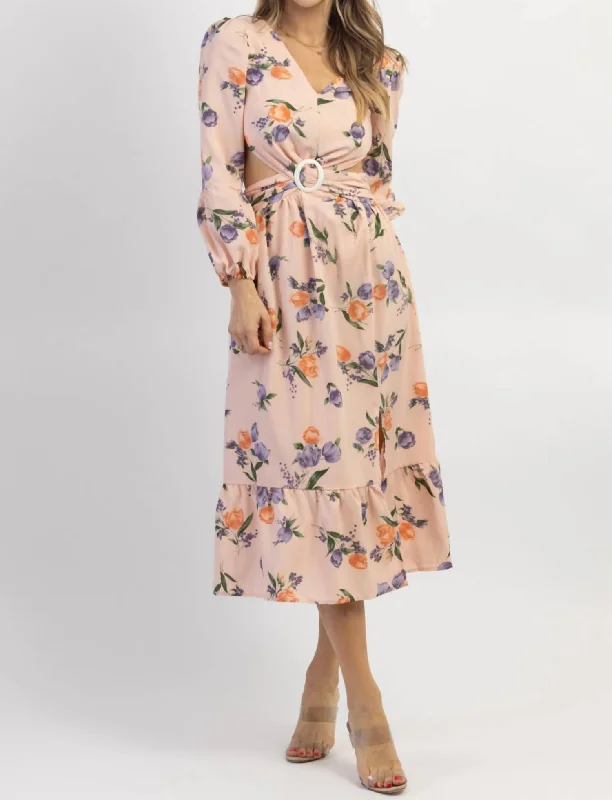 Women's Square-Back DressesFloral Buckle Midi Dress In Baby Pink