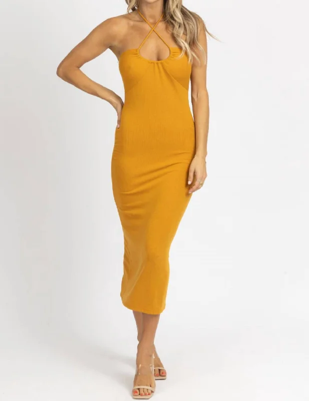 Women's Tiered DressesHalter Tie Midi Dress In Mustard