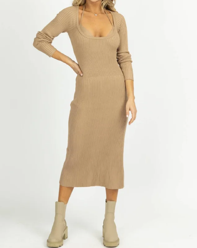 Women's Sweetheart-Neck DressesKnit Layered Bra Midi Dress Set In Taupe