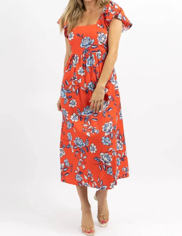 Women's Low Collar DressesKyrah Floral Cotton Midi Dress In Orange