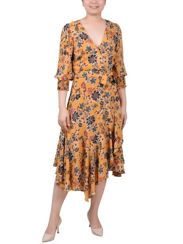 Women's Wide Collar DressesPetites Womens Chiffon Floral Midi Dress