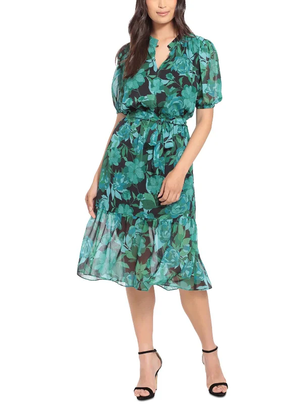 Women's High Collar DressesPetites Womens Chiffon Floral Midi Dress