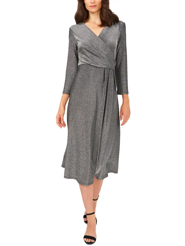 Women's Bell-Sleeve DressesPetites Womens Metallic Short Midi Dress