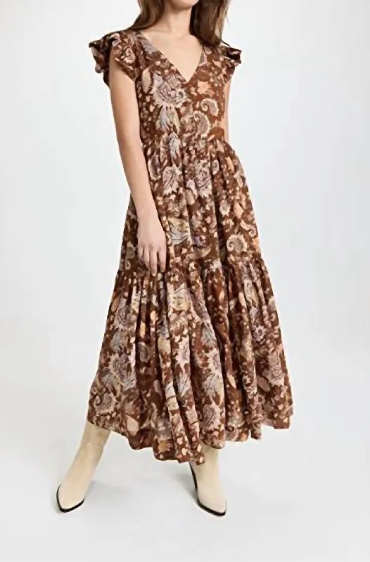 Women's Rounded Collar DressesPrinted Tiered Midi Dress In Brown Multi