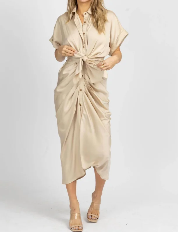 Women's Shawl Collar DressesSatin Twist Tie Button Midi Dress In Taupe