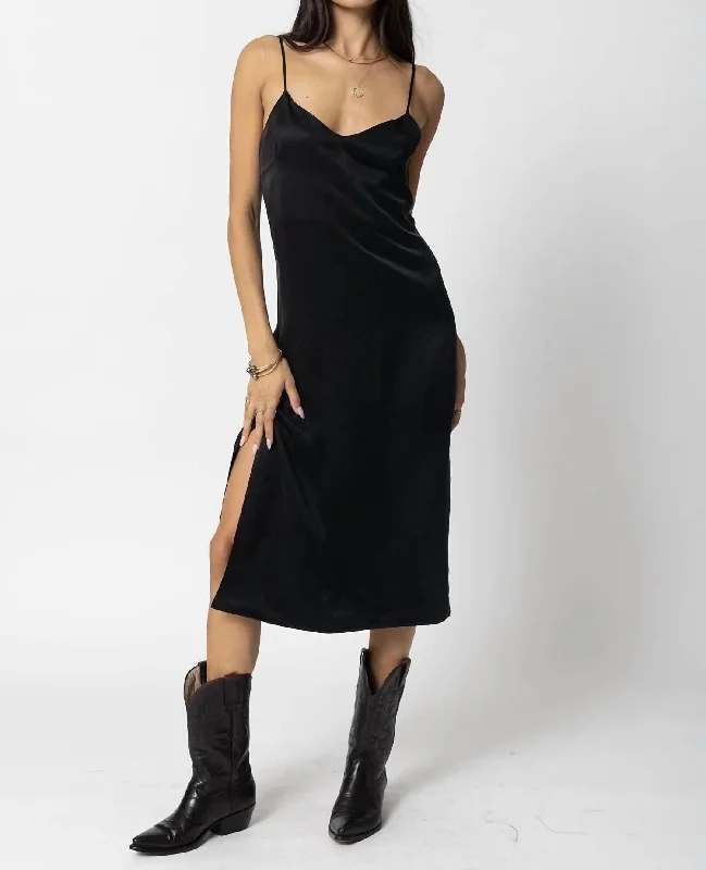 Women's Rounded-Neck DressesSilky Slip Midi Dress In Black