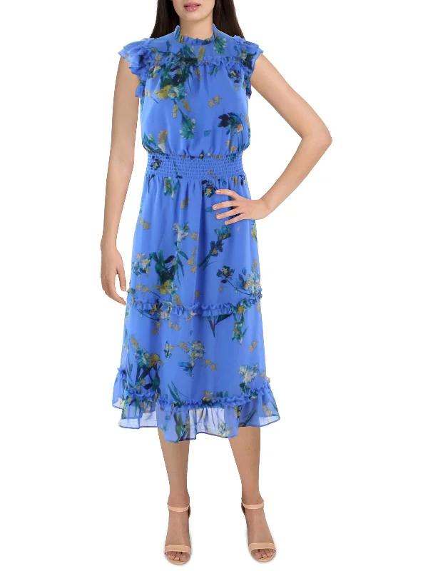 Women's Narrow Collar DressesWomens Floral Calf Midi Dress