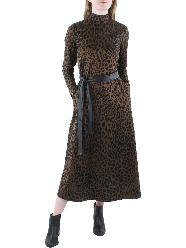 Women's V-Shaped Collar DressesWomens Knit Leopard Midi Dress