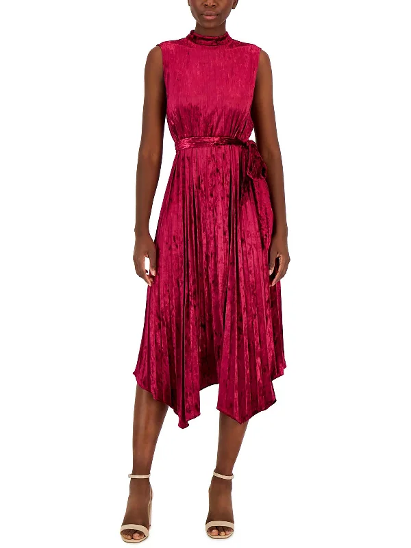 Women's U-Shaped-Neck DressesWomens Velvet Pleated Midi Dress