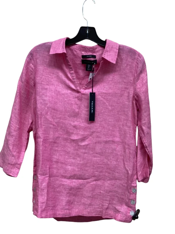 Women's Blouse with SmockingTop 3/4 Sleeve By Tahari By Arthur Levine In Pink, Size: S