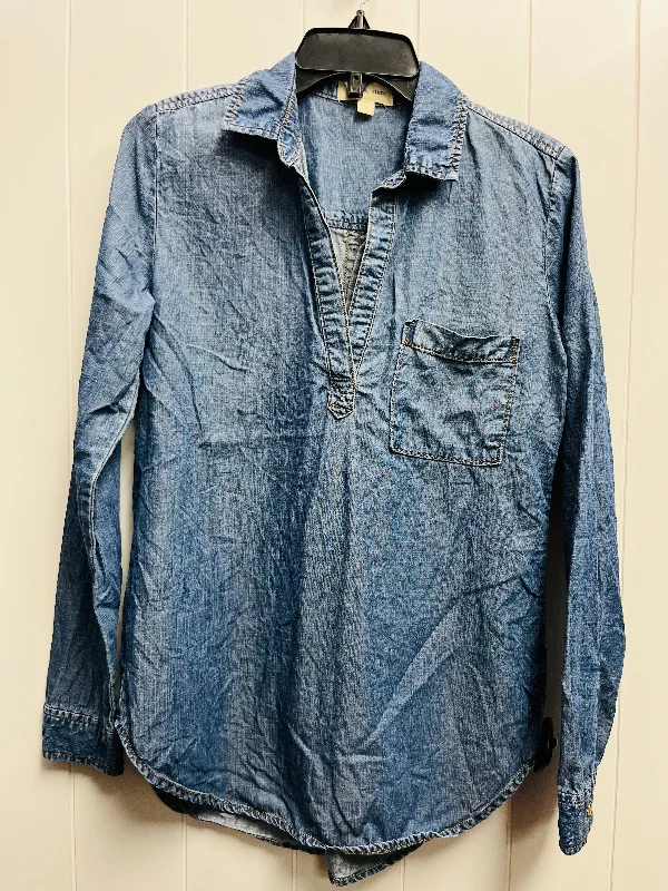 Women's Blouse with Mandarin CollarTop Long Sleeve By Cloth & Stone In Blue Denim, Size: S