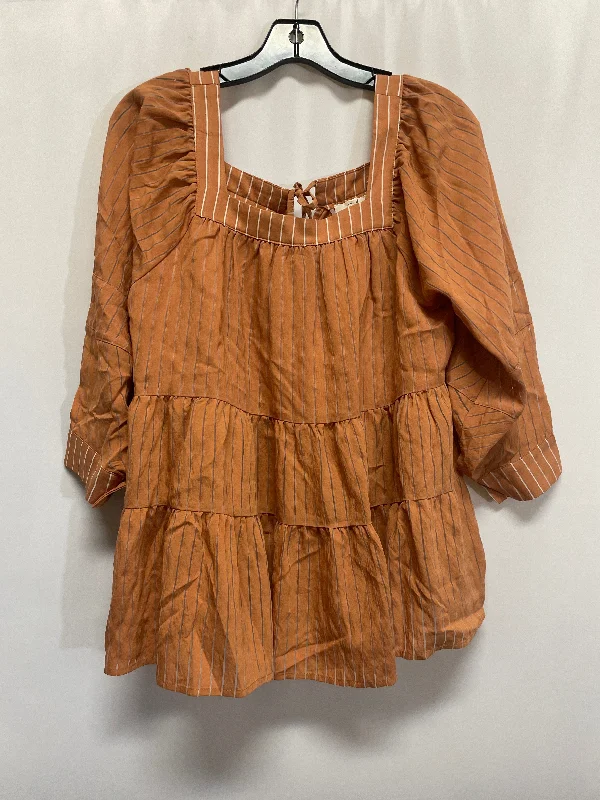 Women's Blouse with V-Shaped CollarTop Long Sleeve By Easel In Brown, Size: S