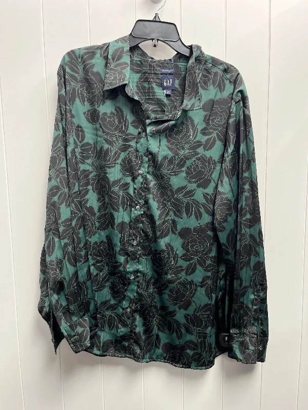 Women's Blouse with Peter Pan CollarTop Long Sleeve By Gap In Black & Green, Size: 1x